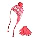 Winter 2pc Girls Kids Age 7-11 Bows Knit Helmet Hat Ski Cap Grip Gloves Set Pink