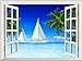 Wall26 - High Quality Removable Wall Sticker / Wall Mural - Beautiful Tropical Scenery of Sailboats on Beach and Palm Tree | Creative Window View Home Decor / Wall Decor - 36