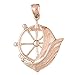 Necklace Obsession's 14K Rose Gold 36mm Sailboat With Ships Wheel Pendant Necklace